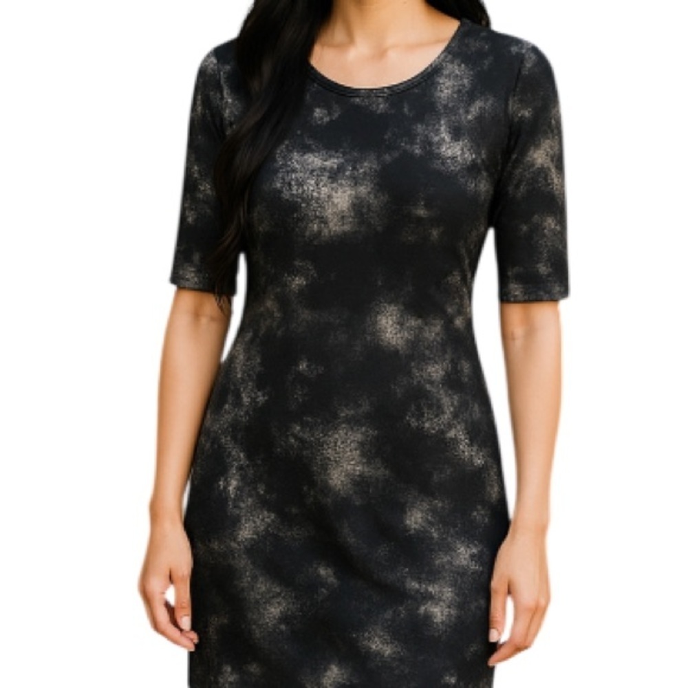 SMASHED LEMON Black Splatter Print Sheath Dress 1/2 Sleeve Midi Cosmic Space 8